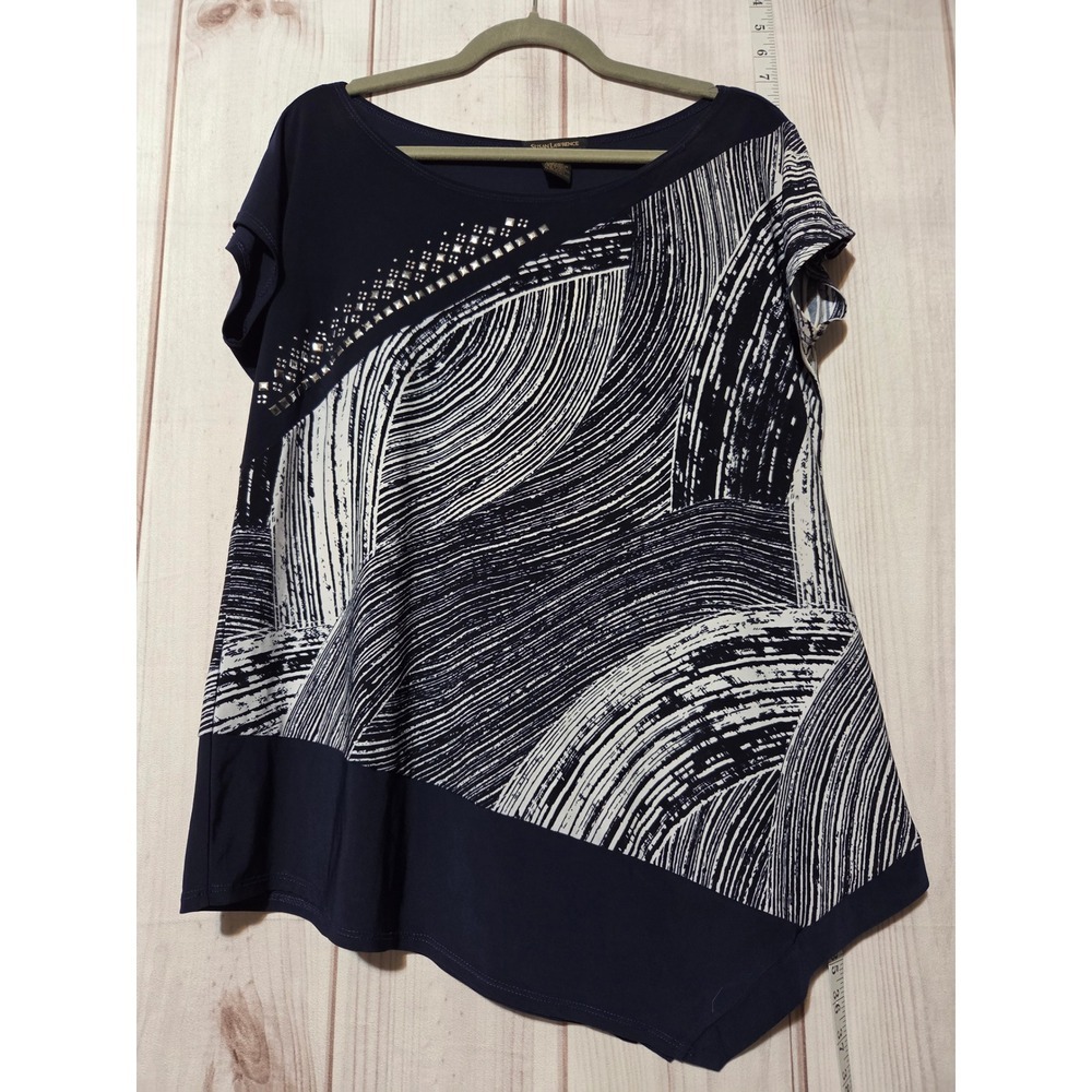 Susan Lawrence Women's Navy Abstract Print Embellished Tunic Top Size L
